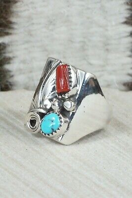 Turquoise, Coral and Sterling Silver Ring - Wilbur Myers - Size 9