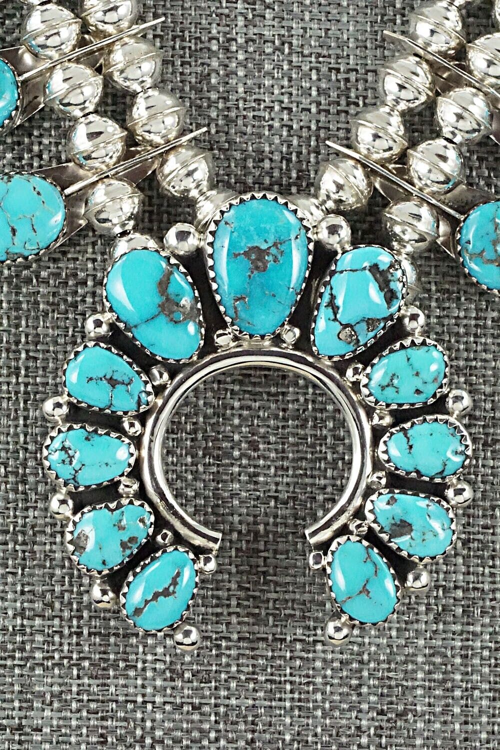 Turquoise & Sterling Silver Squash Blossom and Earrings Set - Calfreda Roanhorse