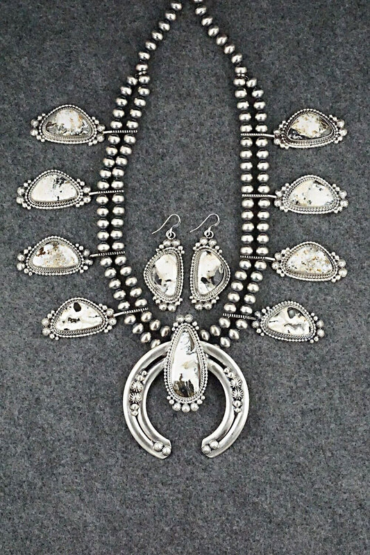 White Buffalo & Sterling Silver Squash Blossom Set - Tom Lewis