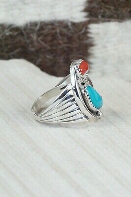 Navajo Turquoise, Coral & Sterling Silver Ring - Jeanette Saunders - Size 9