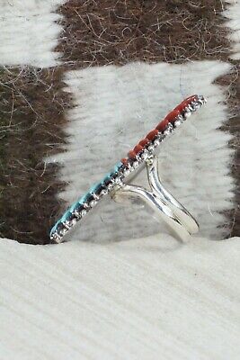 Turquoise, Coral & Sterling Silver Ring - Edmund Cooeyate - Size 7.25