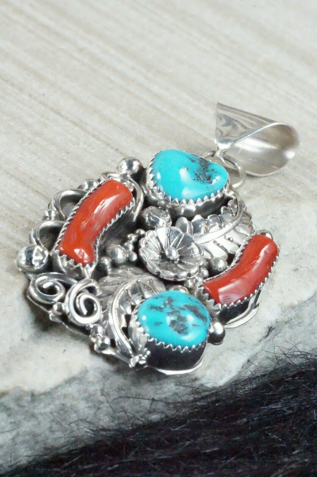 Turquoise, Coral & Sterling Silver Pendant - Shirley Largo