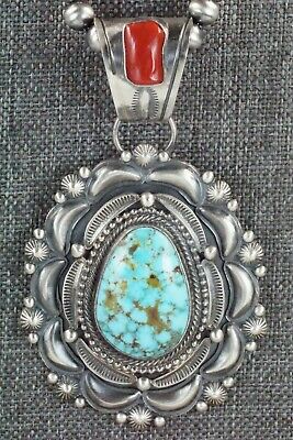 Turquoise, Coral Pendant & Sterling Silver Necklace - Tom Lewis