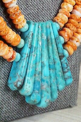 Turquoise, Spiny Oyster & Sterling Silver Necklace - Lupe Lovato