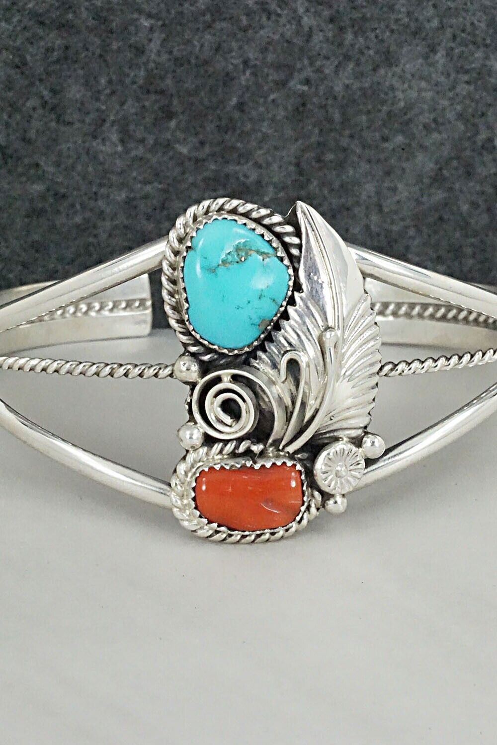 Turquoise, Coral and Sterling Silver Bracelet - Leonard Spencer