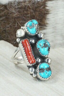 Turquoise & Coral Sterling Silver Ring - Betty House - Size 8.25