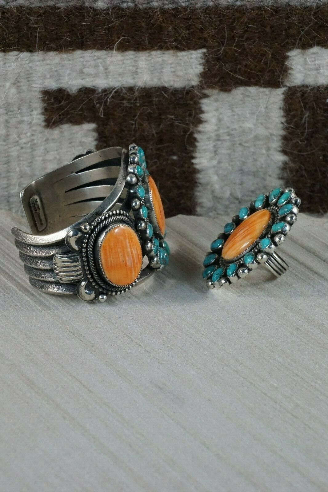 Navajo Spiny Oyster & Sterling Silver Bracelet and Ring - Myron Etsitty - High Lonesome Trading