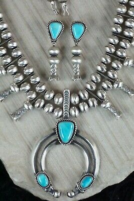 Turquoise & Sterling Silver Squash Blossom & Earrings - Chris Hale