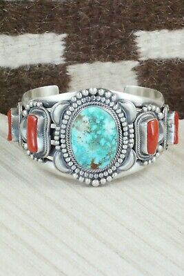 Turquoise, Coral and Sterling Silver Bracelet - Tom Lewis