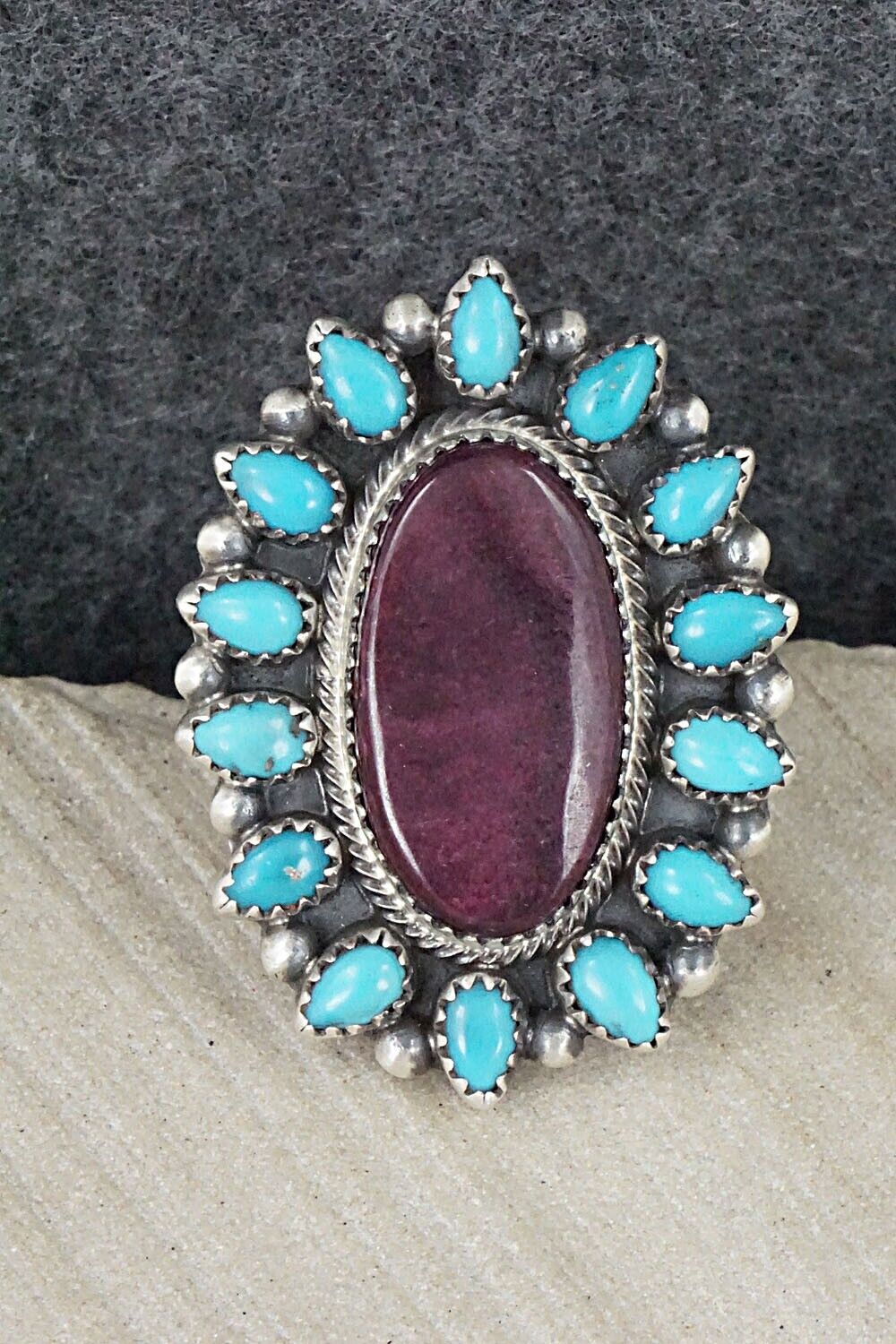 Turquoise, Spiny Oyster & Sterling Silver Ring - Tom Lewis - Size 9.25