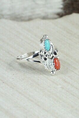 Turquoise, Coral & Sterling Silver Ring - Sharon McCarthy - Size 5.75
