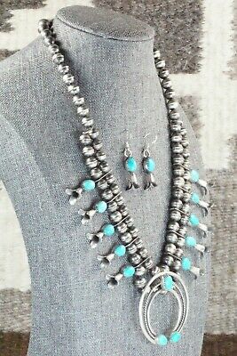 Turquoise & Sterling Silver Squash Blossom and Earrings - Leon Kirlie