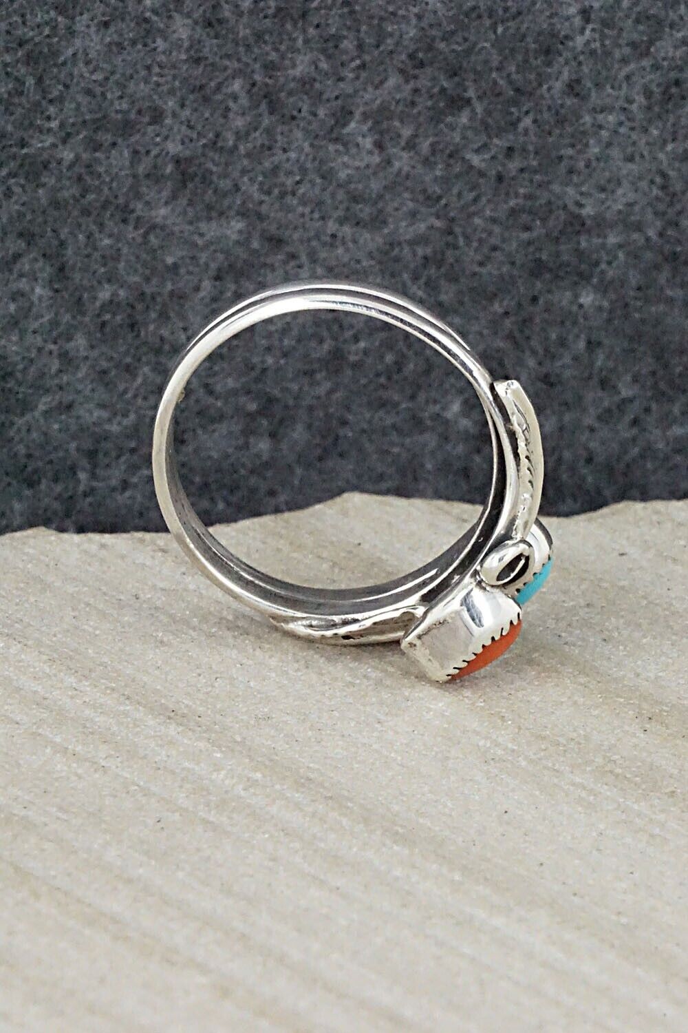 Turquoise, Coral & Sterling Silver Ring - Harry Yazzie - Size 8.25