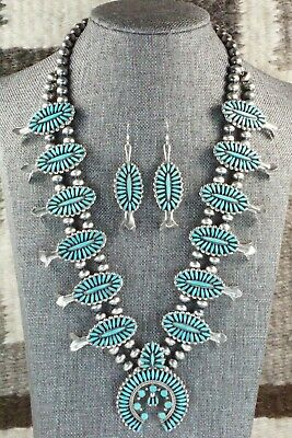 Turquoise & Sterling Silver Squash Blossom and Earrings - Lorena Peina