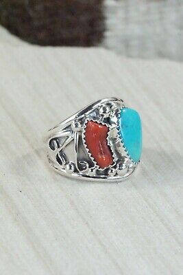 Turquoise, Coral & Sterling Silver Ring - Jeanette Saunders - Size 10.5