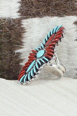 Turquoise, Coral & Sterling Silver Ring - Edmund Cooeyate - Size 7.25