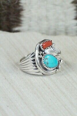 Navajo Turquoise, Coral & Sterling Silver Ring - Jeanette Saunders - Size 8.5