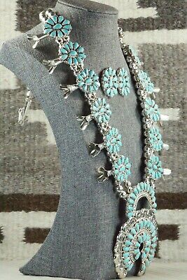 Turquoise & Sterling Silver Squash Blossom and Earrings - Alicia Wilson