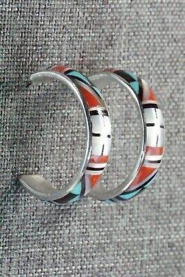 Multi Stone Inlay & Sterling Silver Hoop Earrings - Delberta Boone - High Lonesome Trading