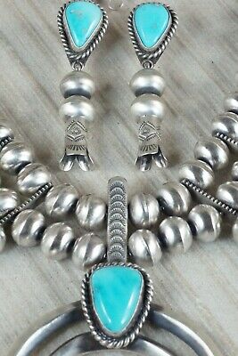 Turquoise & Sterling Silver Squash Blossom & Earrings - Chris Hale