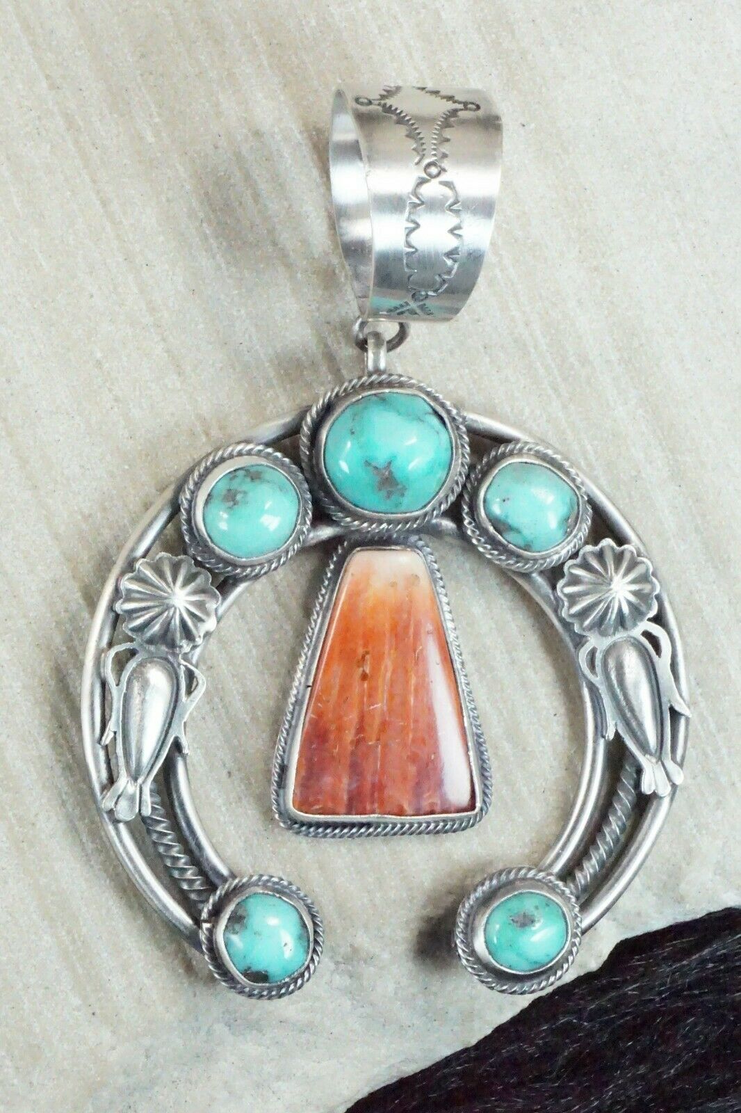 Turquoise, Spiny Oyster & Sterling Silver Naja Pendant - Raymond Delgarito