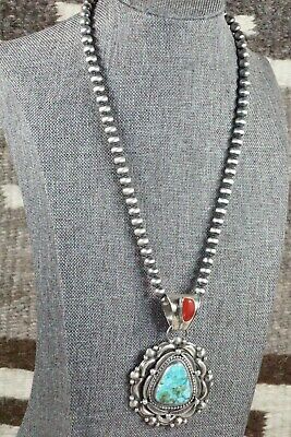 Turquoise, Coral Pendant & Sterling Silver Necklace - Tom Lewis