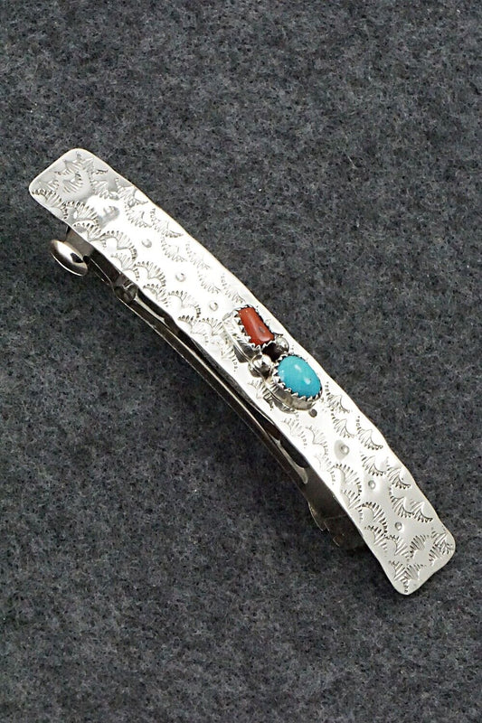 Turquoise, Coral & Sterling Silver Hair Barrette - Sally Arviso