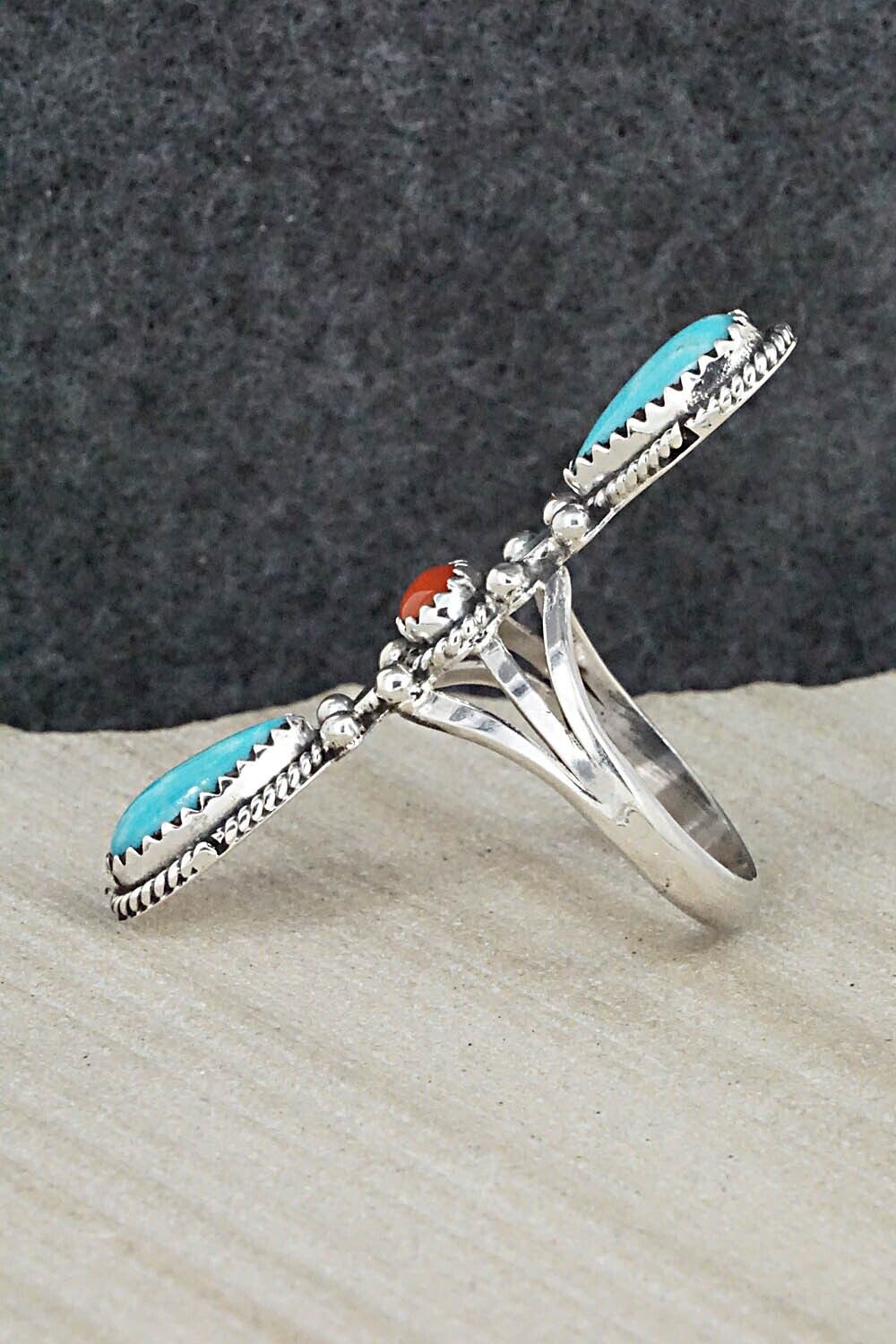 Turquoise, Coral & Sterling Silver Ring - Andrew Vandever - Size 8.5