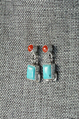 Turquoise & Coral Sterling Silver Earrings - Verley Betone
