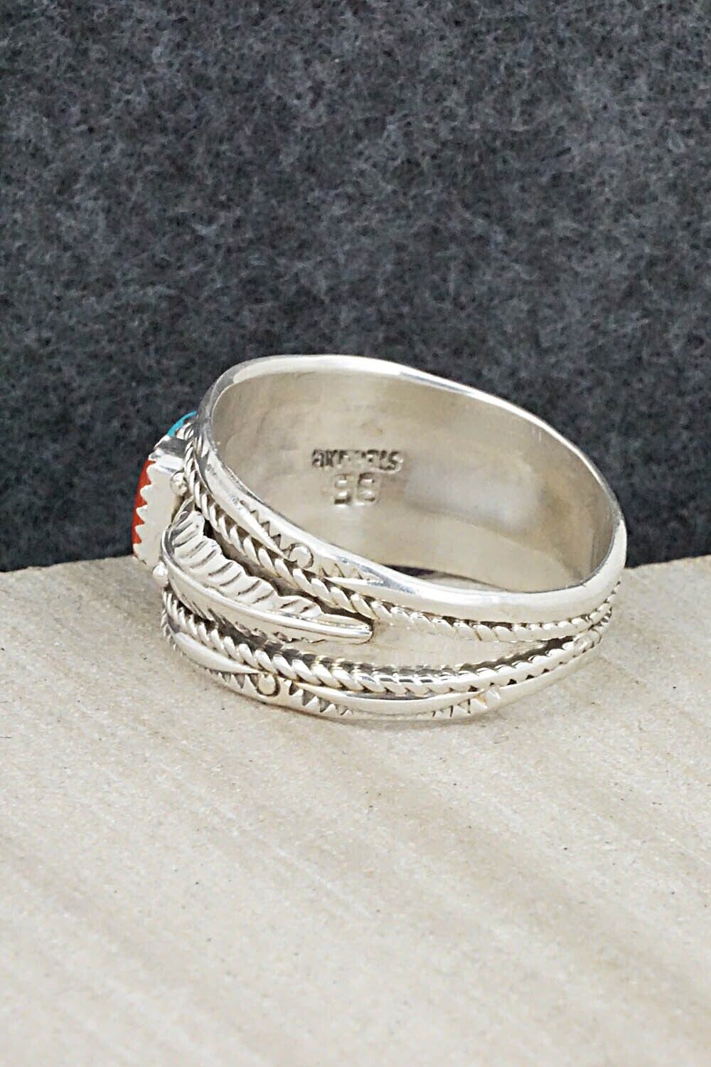 Turquoise, Coral and Sterling Silver Ring - Betty Begay - Size 14.5