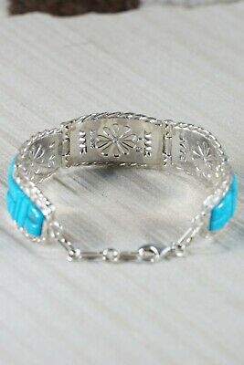 Zuni Turquoise & Sterling Silver Link Bracelet - Bevis Tsadiasi - High Lonesome Trading