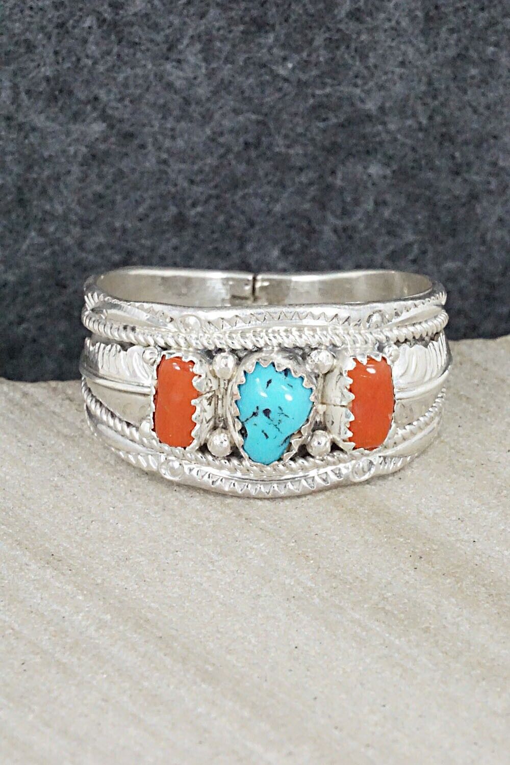 Turquoise, Coral and Sterling Silver Ring - Betty Begay - Size 15.5