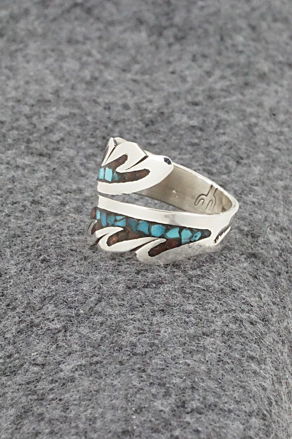 Turquoise, Coral & Sterling Silver Ring - Jolene Yazzie - Size 7.5