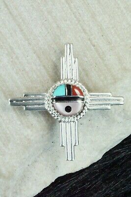 Turquoise, Coral & Sterling Silver Sun Face Pendant/ Pin - Elvira Kiyite