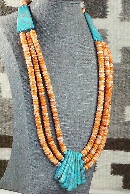 Turquoise, Spiny Oyster & Sterling Silver Necklace - Lupe Lovato