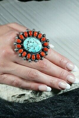 Navajo Turquoise, Coral and Silver Ring - Annie Chapo - Size 10.5 - High Lonesome Trading