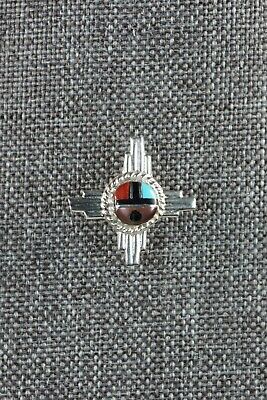 Zuni Turquoise, Coral and Sterling Silver Sun Face Tie Tack - Elvira Kiyite - High Lonesome Trading