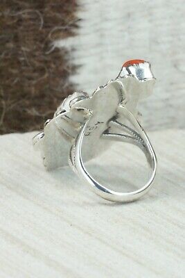 Turquoise, Coral & Sterling Silver Ring - Harry Yazzie - Size 6