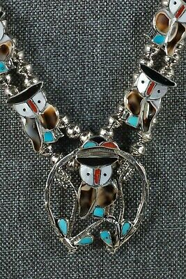 Zuni Inlay Owl Necklace and Sterling Silver Earring Set - Pitkin Natewa - High Lonesome Trading