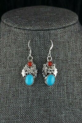 Navajo Turquoise and Coral Sterling Silver Earrings - Roberta Begay