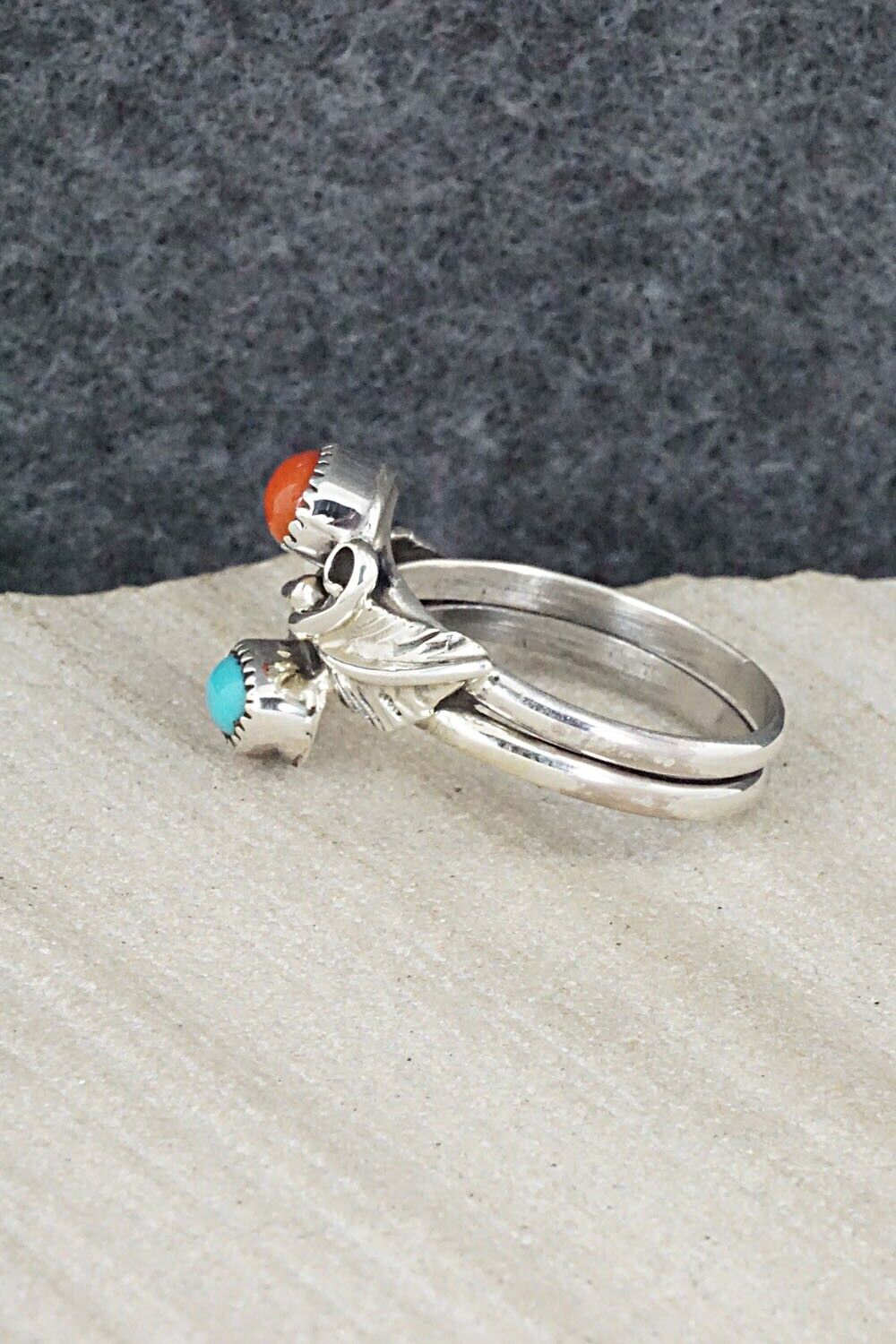 Turquoise, Coral & Sterling Silver Ring - Harry Yazzie - Size 8.25