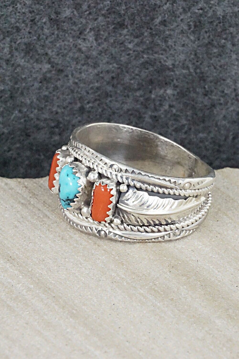 Turquoise, Coral and Sterling Silver Ring - Betty Begay - Size 13.5
