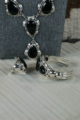 Navajo Onyx & Sterling Silver Jewelry Set - Clem Nalwood - High Lonesome Trading