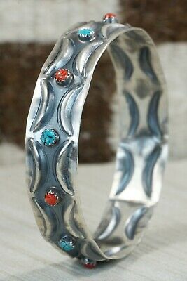 Navajo Turquoise, Coral & Sterling Silver Bangle Cuff - Tim Yazzie