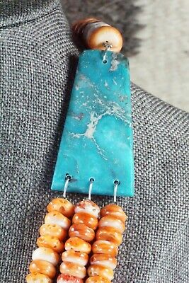 Turquoise, Spiny Oyster & Sterling Silver Necklace - Lupe Lovato
