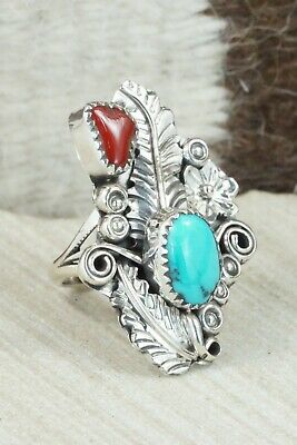 Turquoise, Coral & Sterling Silver Ring - Harry Yazzie - Size 9.25