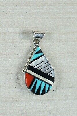 Zuni Inlay Turquoise & Coral Sterling Silver Pendant - Cleo Kallestewa - High Lonesome Trading