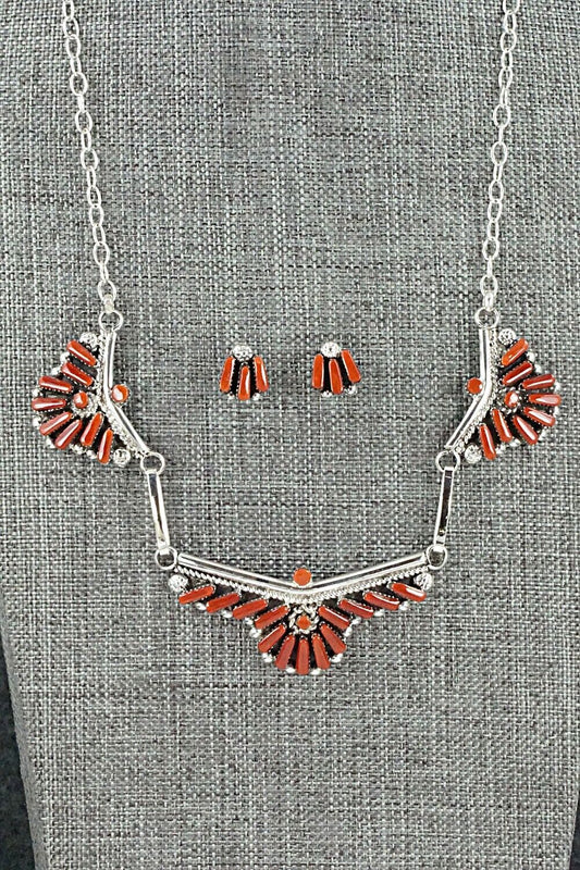 Coral & Sterling Silver Necklace and Earrings Set - Carlene Hattie