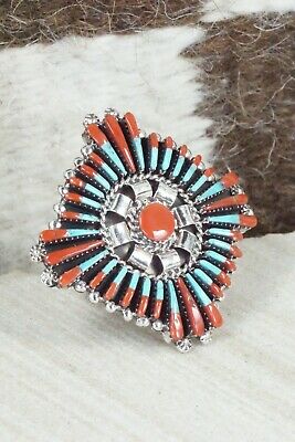 Turquoise, Coral & Sterling Silver Ring - Edmund Cooeyate - Size 6