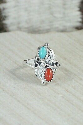 Turquoise, Coral & Sterling Silver Ring - Sharon McCarthy - Size 6.75